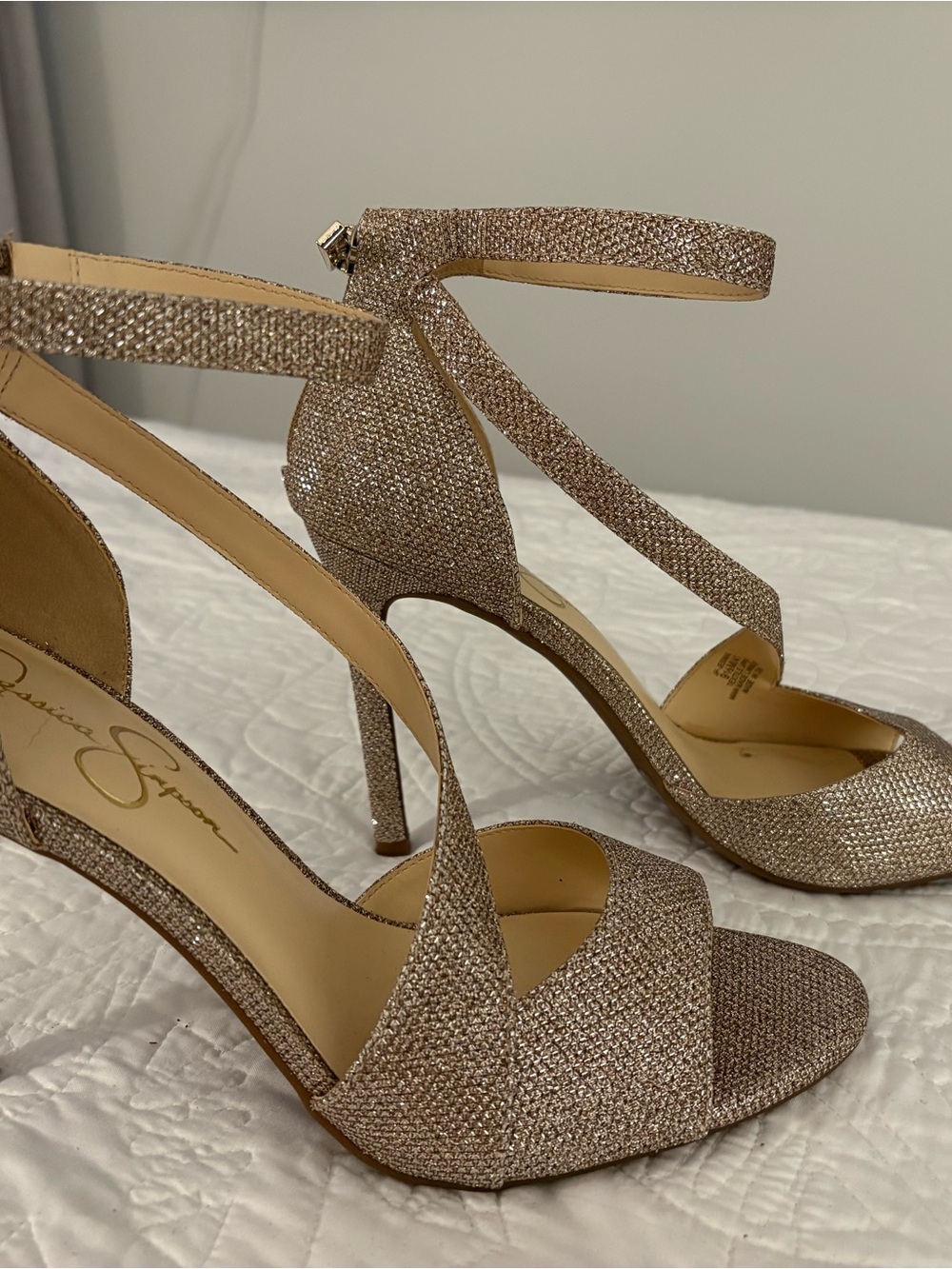 Jessica Simpson Gold Sparkle Ankle Strap Heels